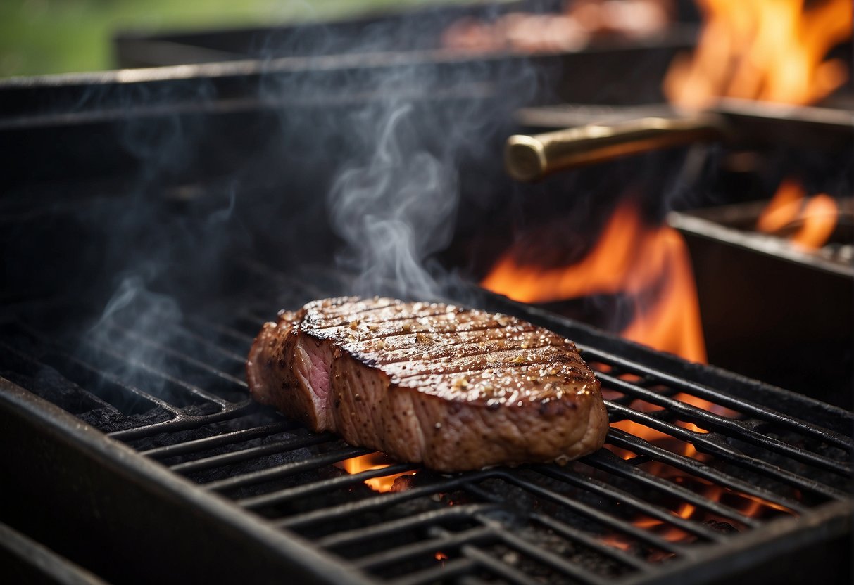 A sizzling steak is being seasoned with salt and pepper, while a hot grill awaits its arrival. The aroma of the meat fills the air, creating a sense of comfort and anticipation