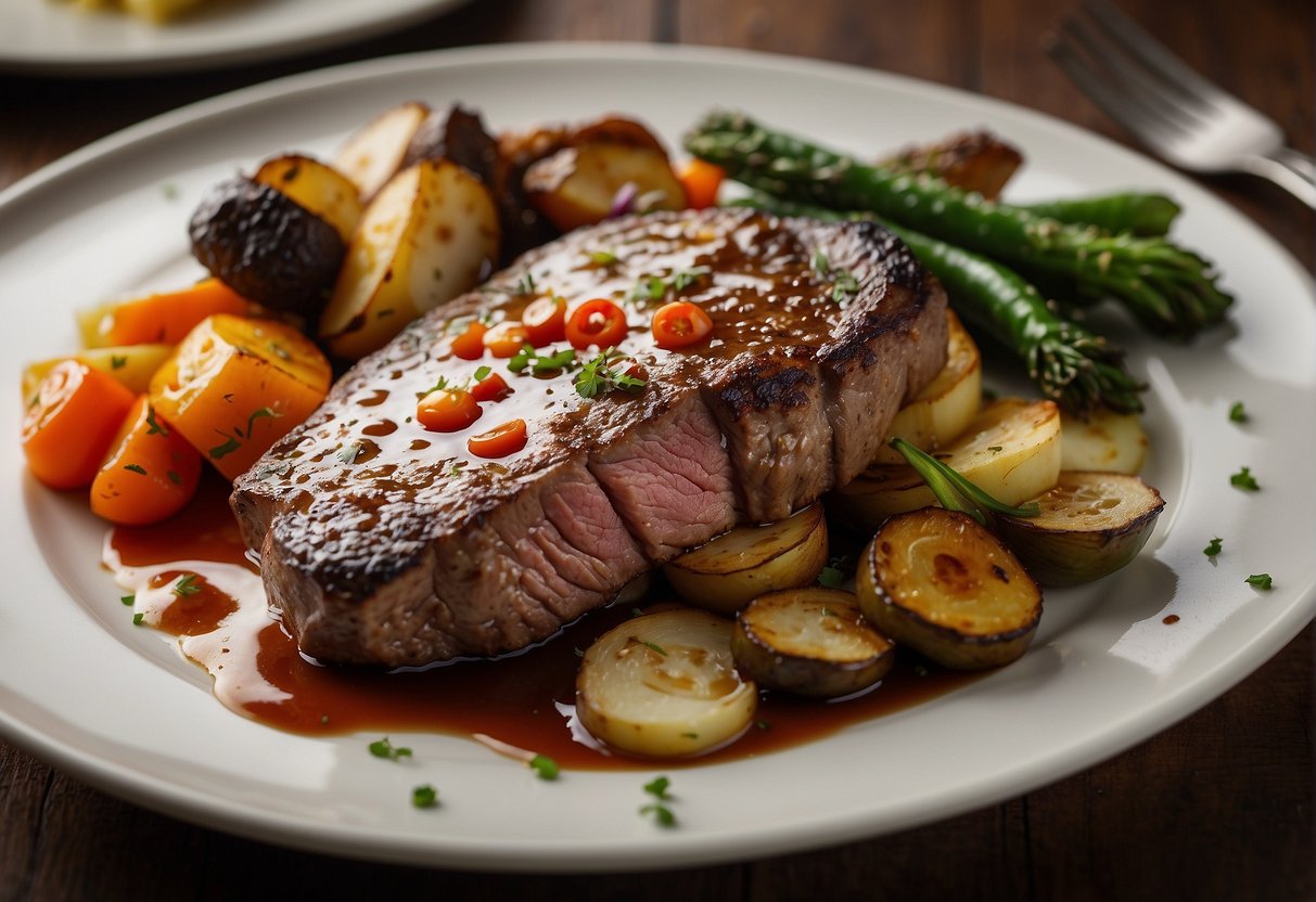 A sizzling steak on a white porcelain plate, surrounded by vibrant roasted vegetables and a drizzle of savory sauce