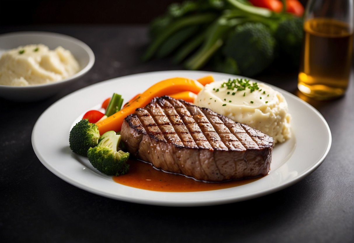 A sizzling steak on a white plate, surrounded by vibrant, fresh vegetables and a side of creamy mashed potatoes, all set on a clean, modern table
