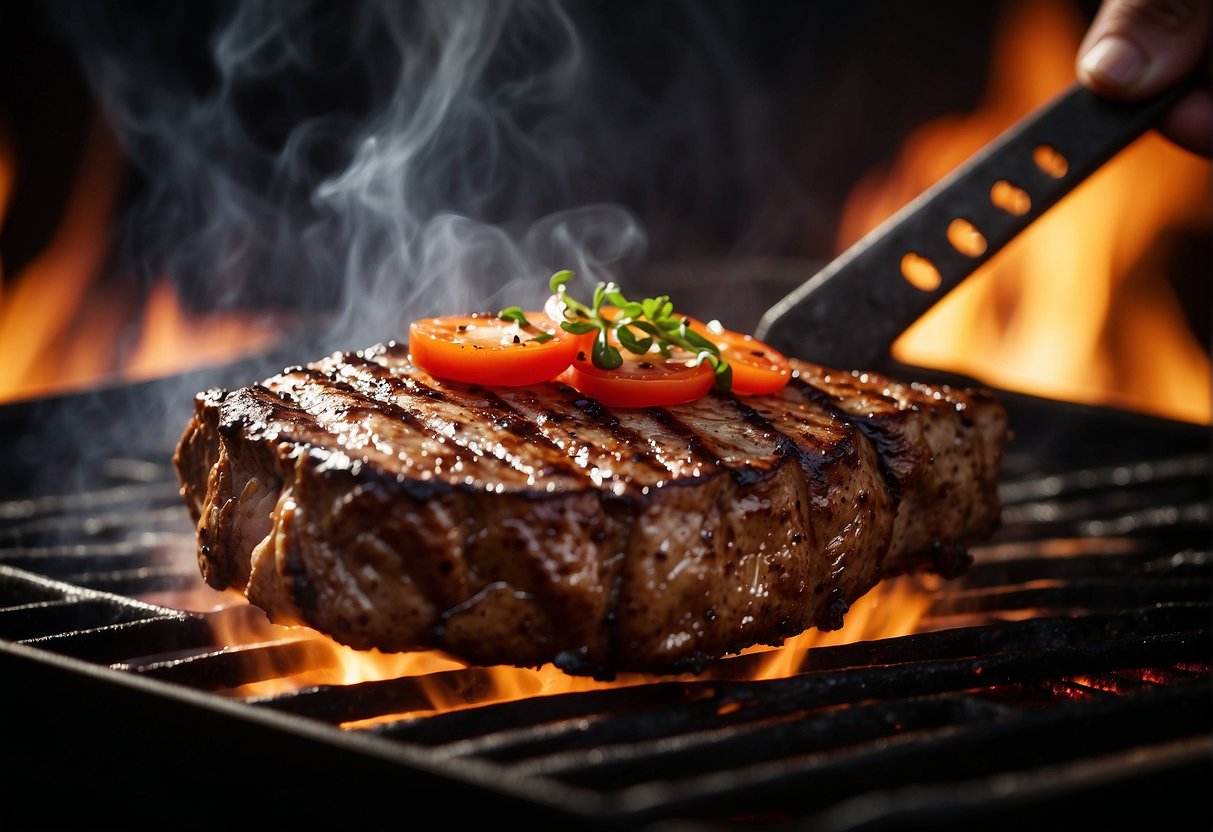 A sizzling steak on a hot grill, surrounded by flames. A chef's hand flips the steak with tongs
