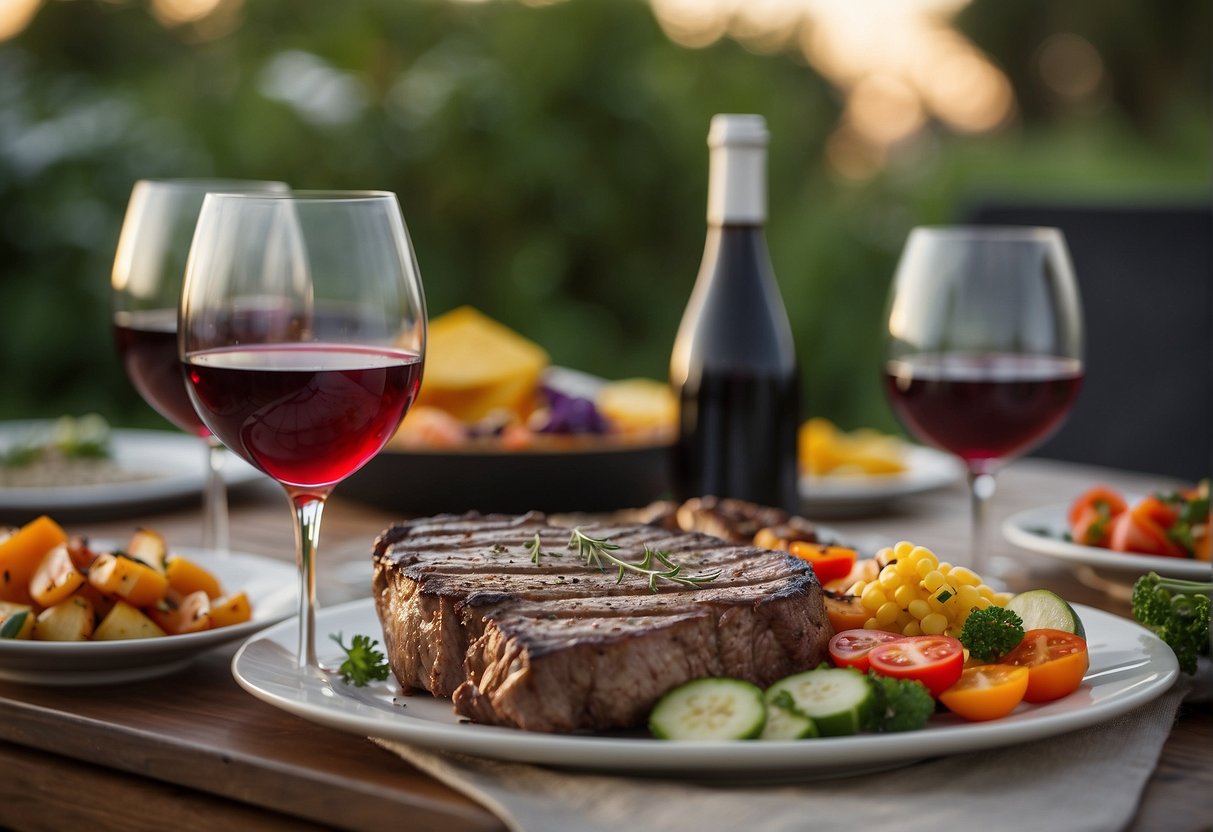 A sizzling steak on a grill, surrounded by colorful side dishes and a bottle of wine, set on a beautifully decorated table