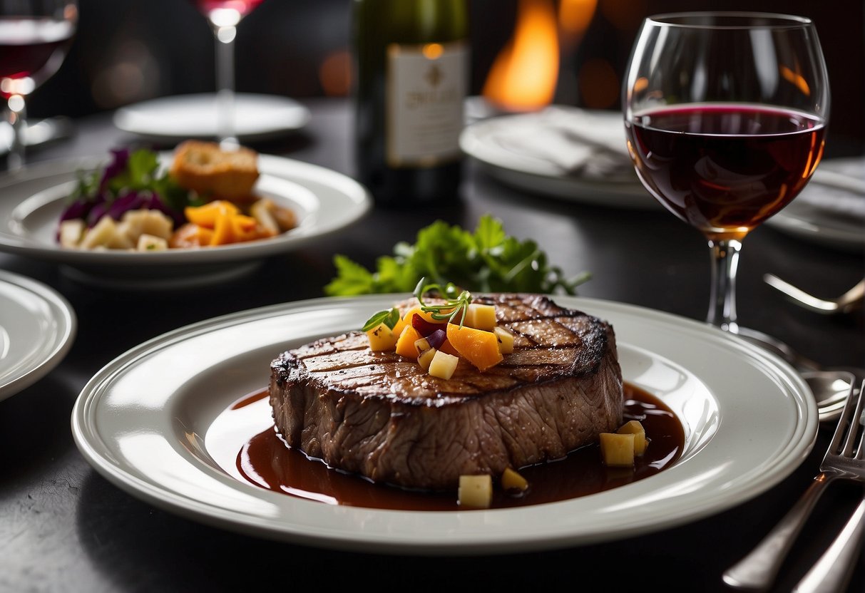 A sizzling steak sizzling on a silver platter, surrounded by fine wine and elegant table settings