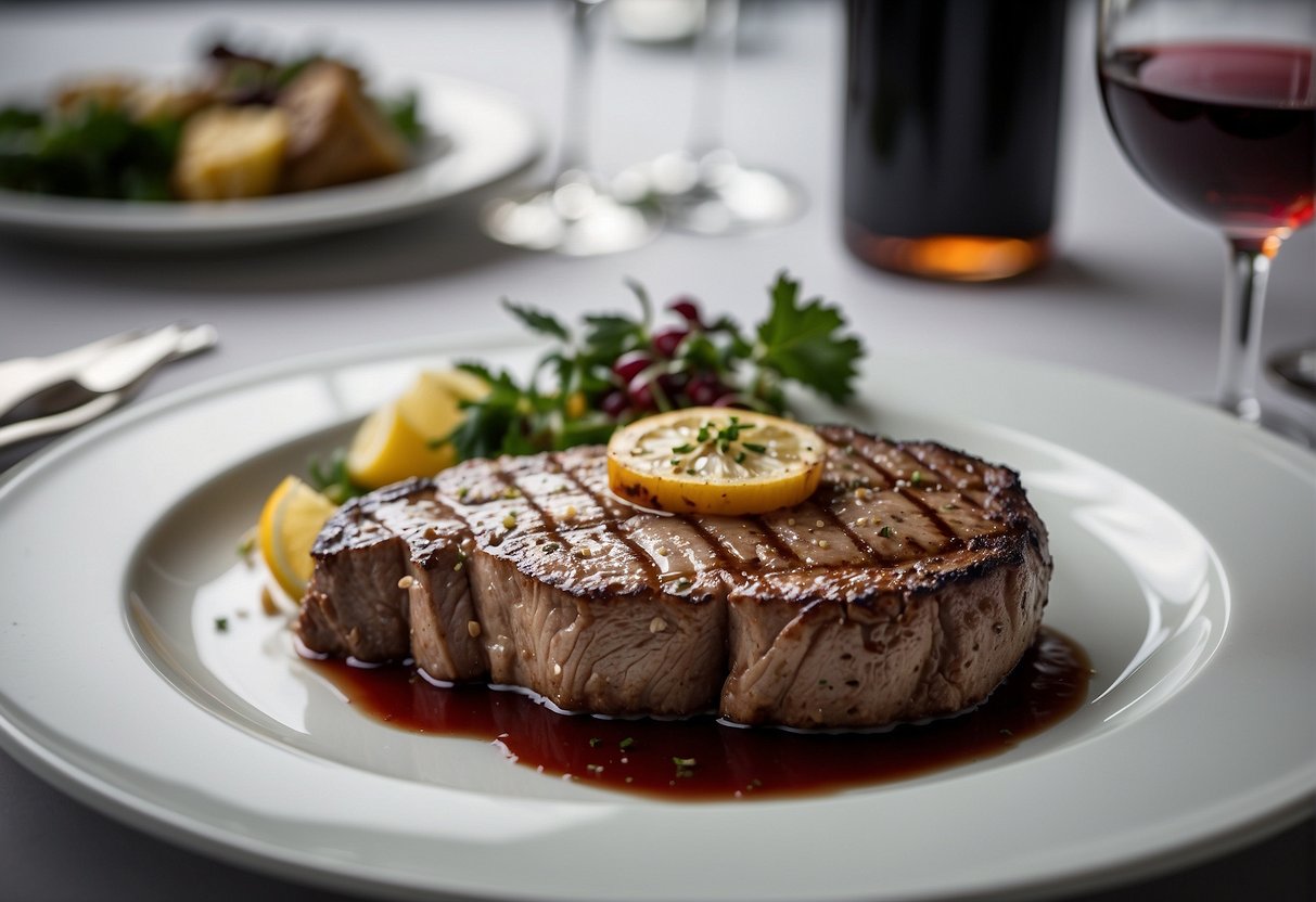 A sizzling steak on a pristine white plate, surrounded by elegant silverware and accompanied by a glass of fine red wine