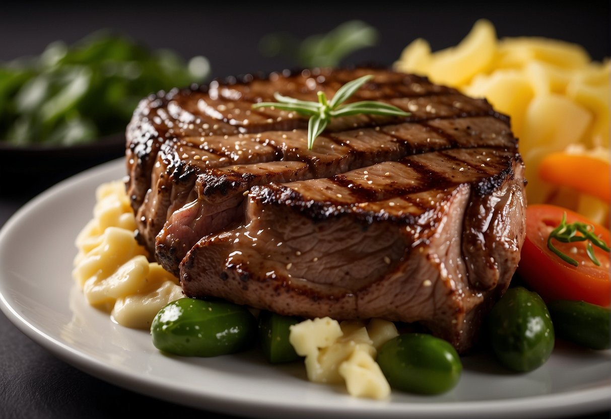 A juicy steak sizzles on a hot grill, releasing a mouthwatering aroma. The tender meat is surrounded by a medley of colorful vegetables and a side of creamy mashed potatoes