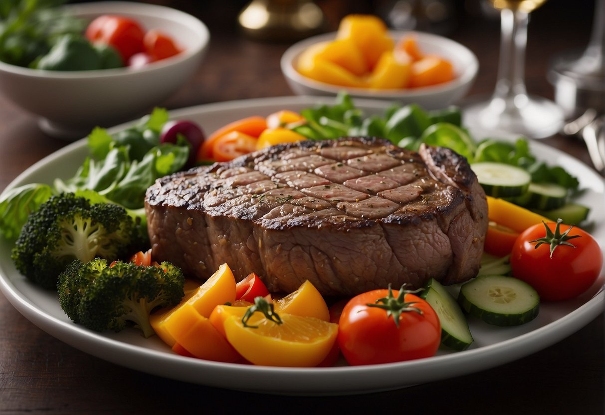A juicy steak sits on a plate, surrounded by vibrant vegetables. A nutrition label lists its high iron and nutrient content