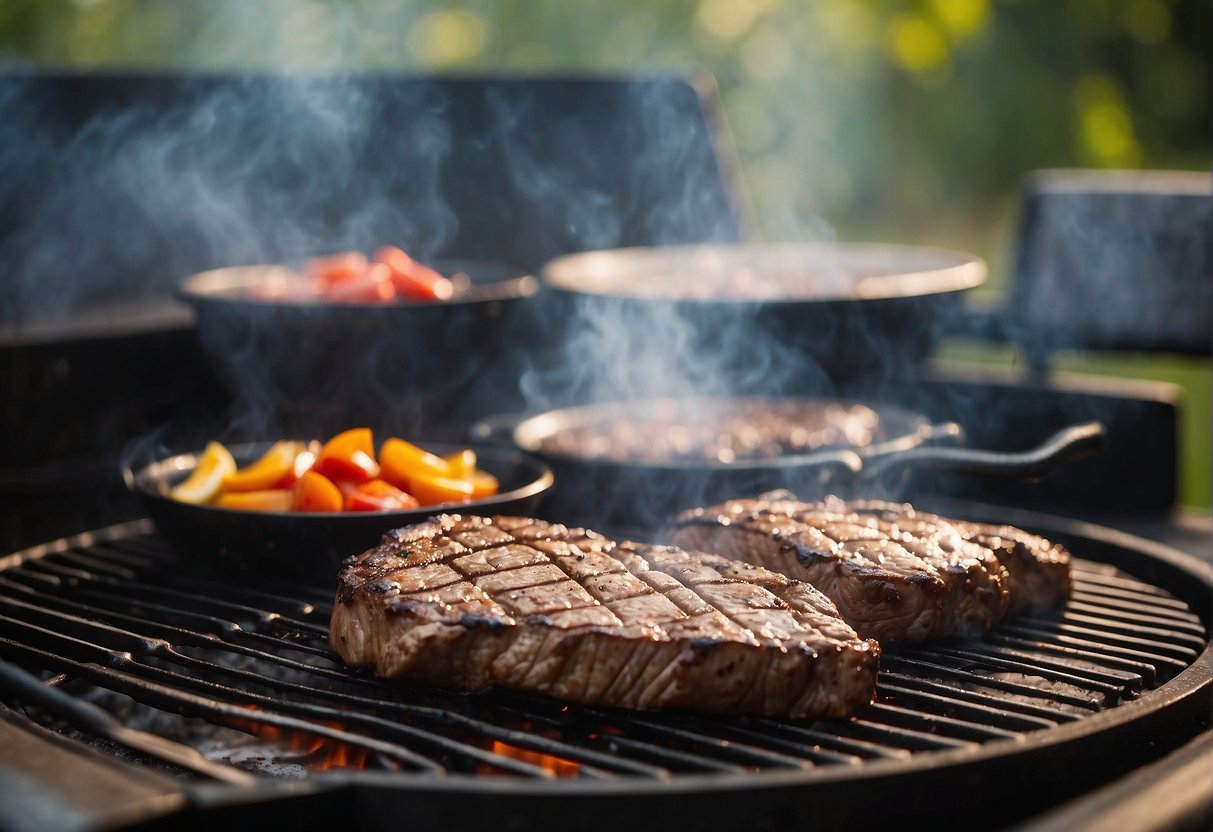 Juicy steak sizzling on a hot grill, smoke rising in the air, surrounded by outdoor cooking utensils and a vibrant, natural backdrop