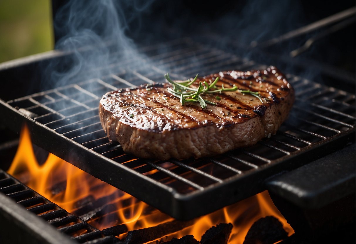 A sizzling steak on a hot grill, smoke rising, grill marks forming, surrounded by grilling tools and seasonings