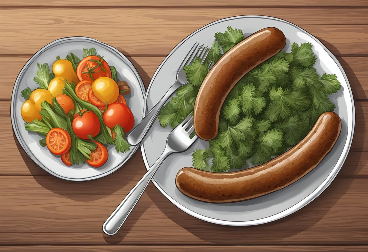 A plate of saltbush sausages with a side of vegetables, a fork, and a napkin on a wooden table