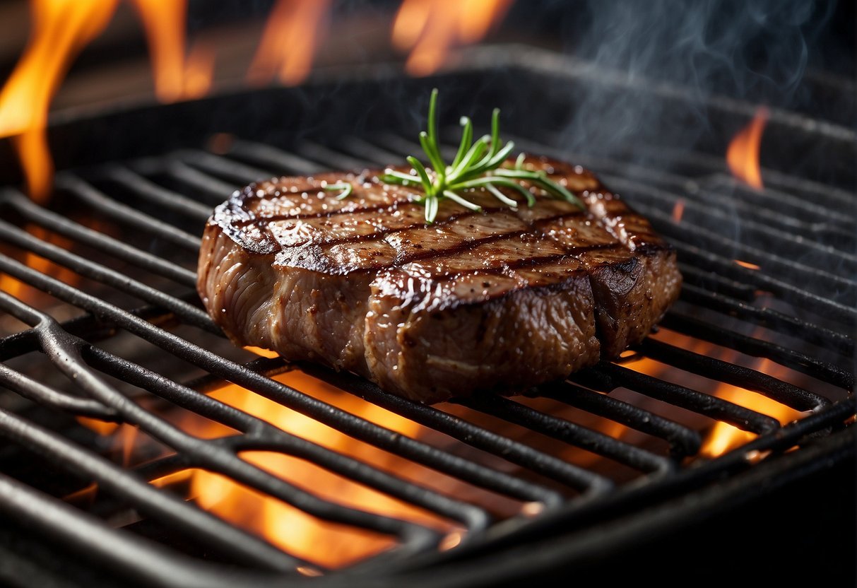 A juicy steak sizzles on a hot grill, evoking memories of hearty family meals and celebrations. Its rich aroma fills the air, symbolizing comfort and tradition