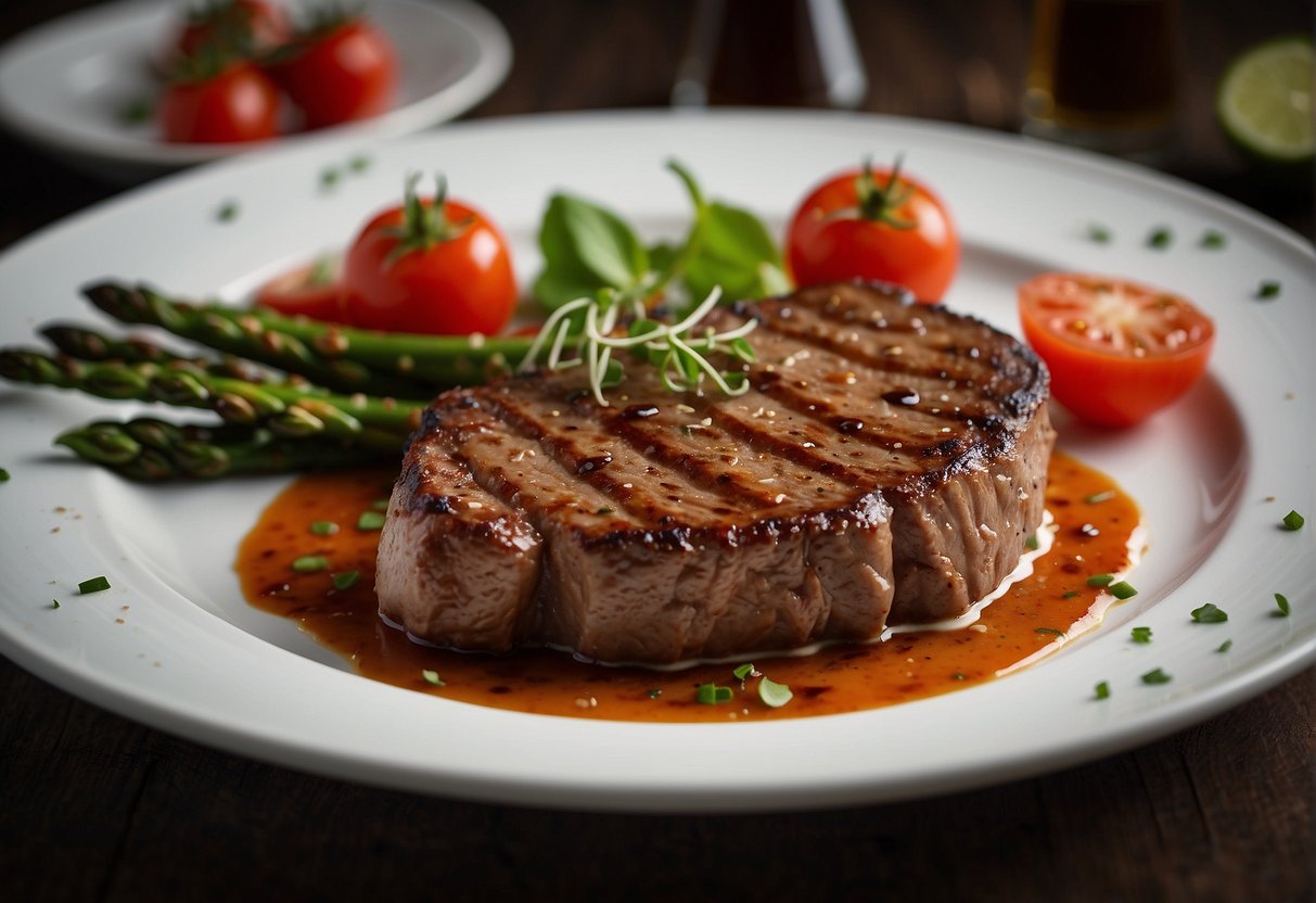 A sizzling steak is elegantly presented on a white plate, surrounded by vibrant, complementary ingredients like asparagus, cherry tomatoes, and a drizzle of savory sauce