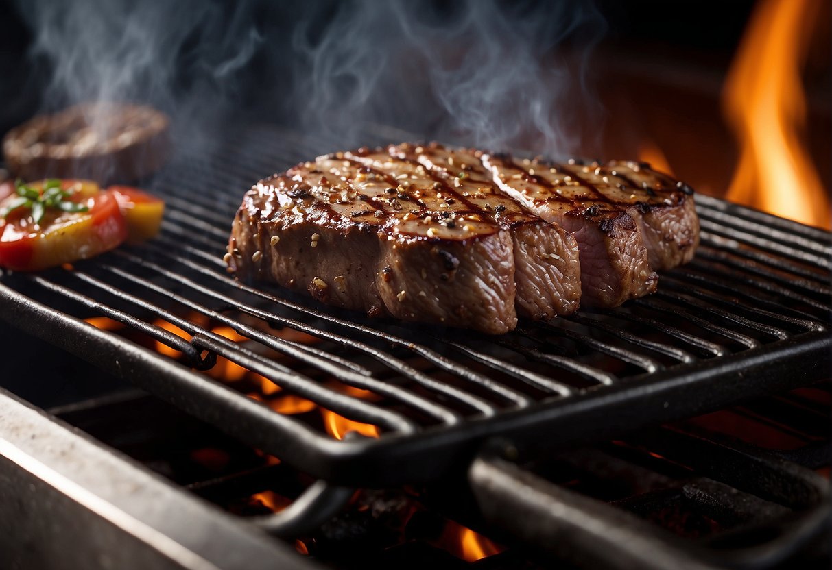 A sizzling steak sears on a hot grill, releasing a mouthwatering aroma as it cooks to perfection. The chef expertly seasons and flips the meat, creating a tantalizing visual and sensory experience