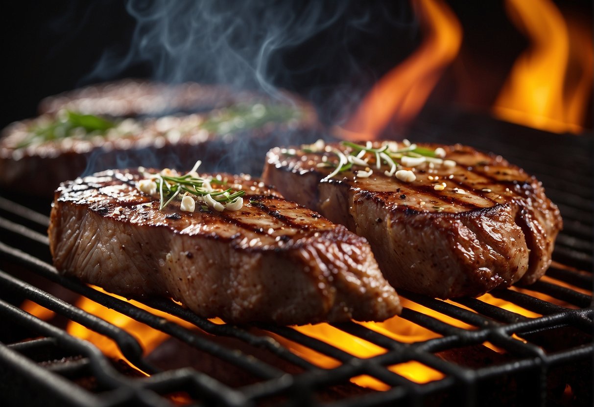 A sizzling gourmet steak sears on a hot grill, releasing mouthwatering aromas and creating tantalizing grill marks