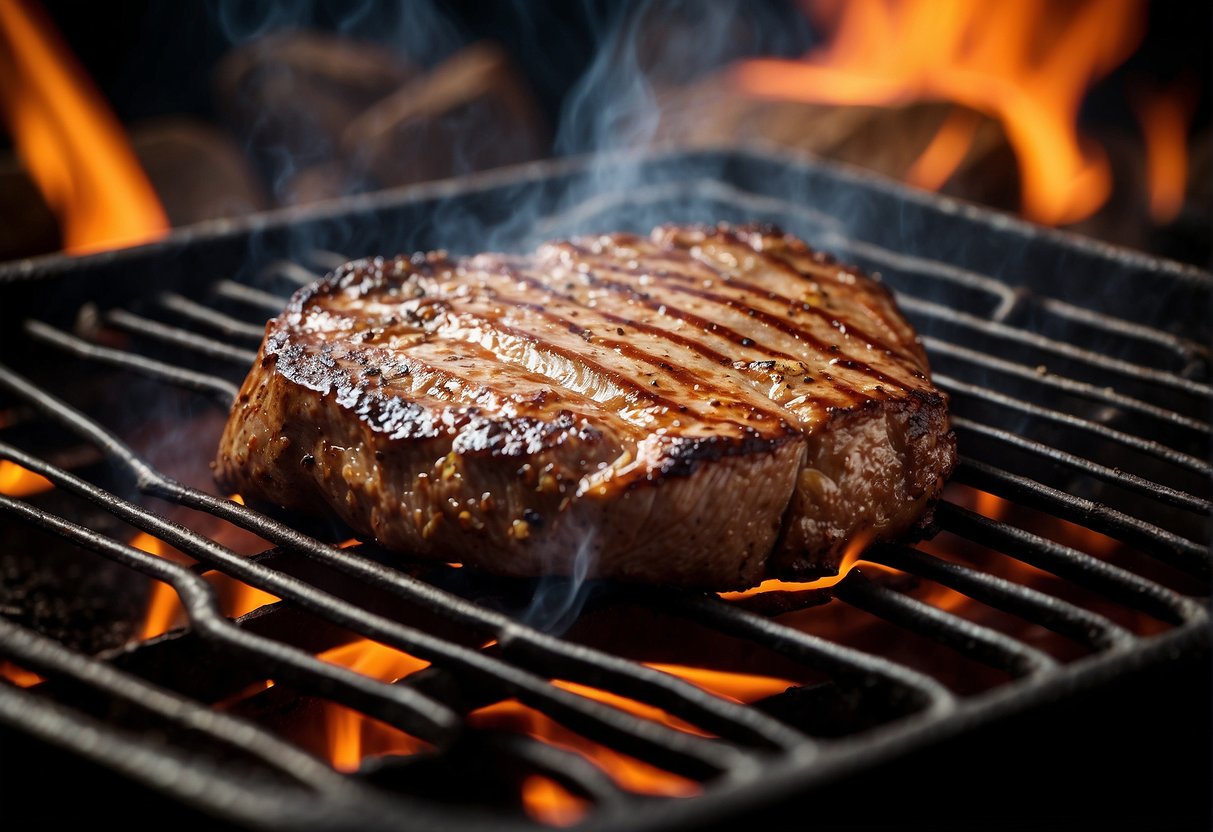 A sizzling steak on a hot grill, surrounded by flames and smoke, evoking the historical significance and gourmet appeal of this iconic ingredient