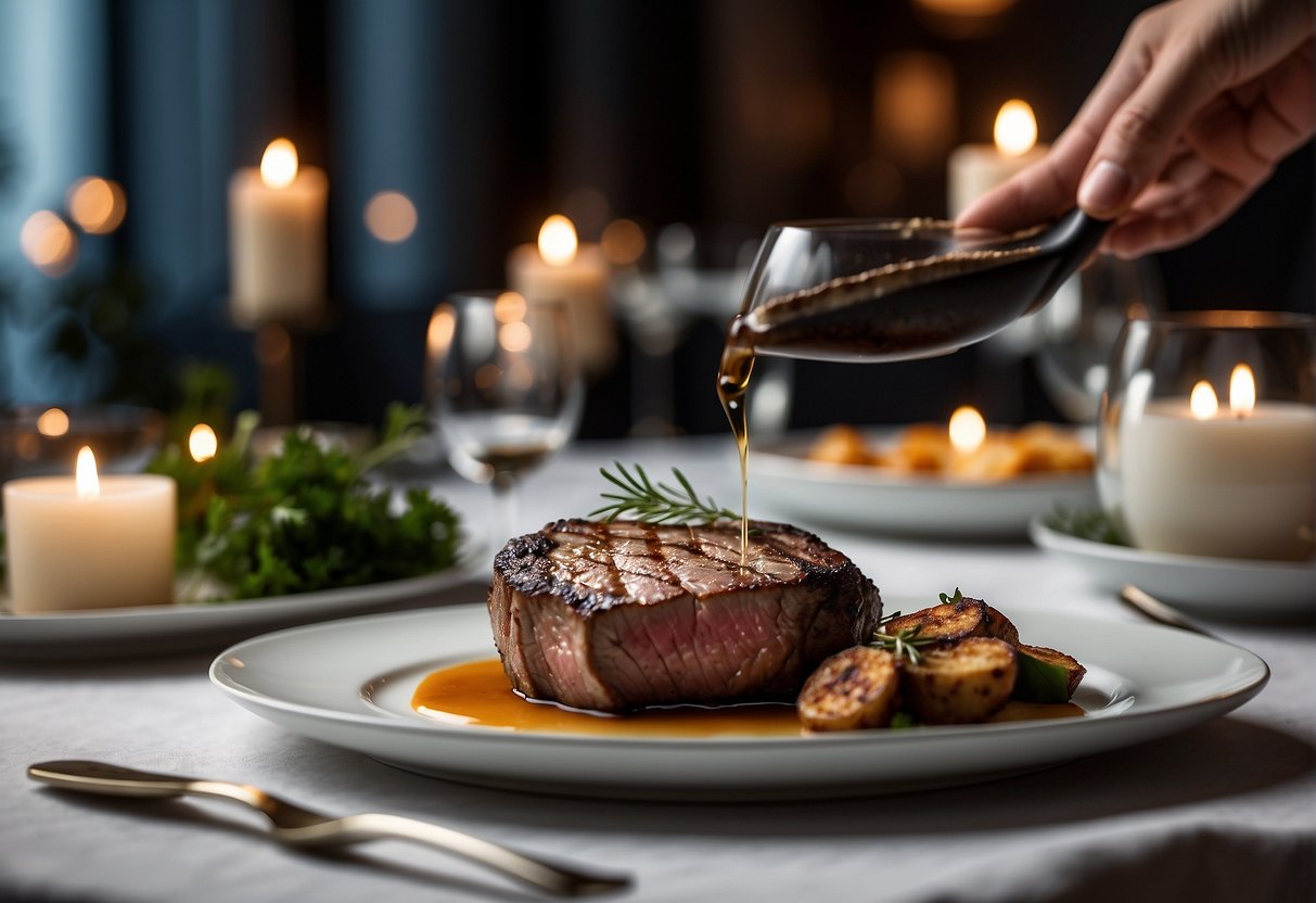 A hand reaches for a perfectly marbled steak on a pristine white plate, surrounded by elegant table settings and soft candlelight