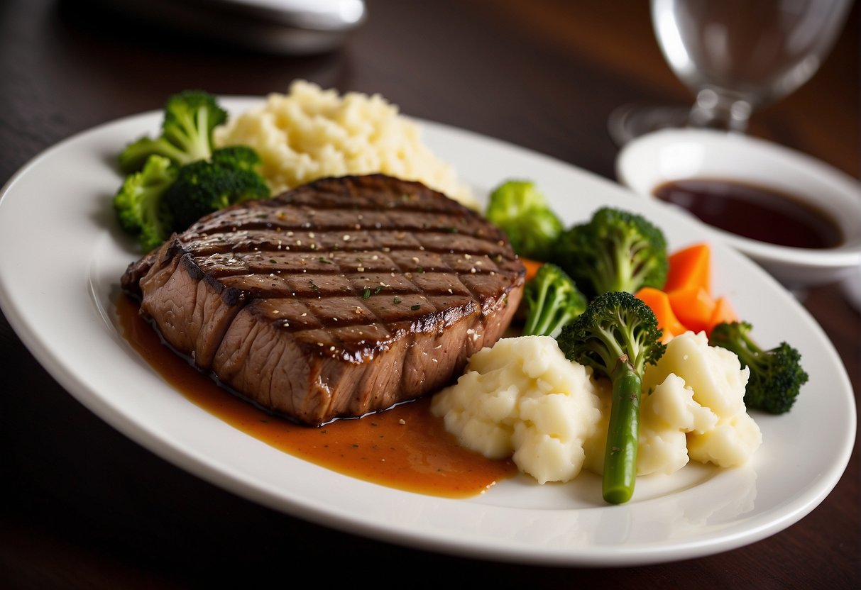 A sizzling steak on a plate, surrounded by mashed potatoes and steamed vegetables, with a warm, inviting aroma
